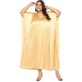 بالإضافة إلى حجم نساء Kaftan اللباس مريح ساتان صلبة ساتان Nighty Maxi فساتين Kimono Sleeve Nightwear Caftan in Kuwait