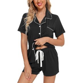 anjue womens pajamas مجموعة قصيرة الأكمام زر النوم لأسفل سراويل الضيوف الليلية soft pj sets s-xxl in Saudi Arabia