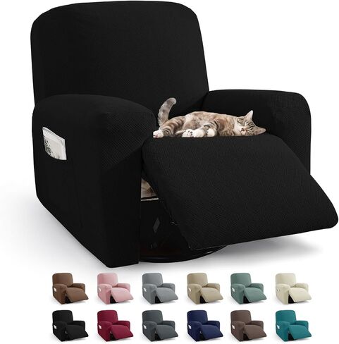 JIVINER 3 Piece Recliner Chair Cover Stretch Lazy Boy Non Slip Covers for Recliner with Pockets Soft Jacquard Reclining Sofa Slipcovers Furniture Protector with Elastic Bottom (1 Seater, Black) in Kuwait