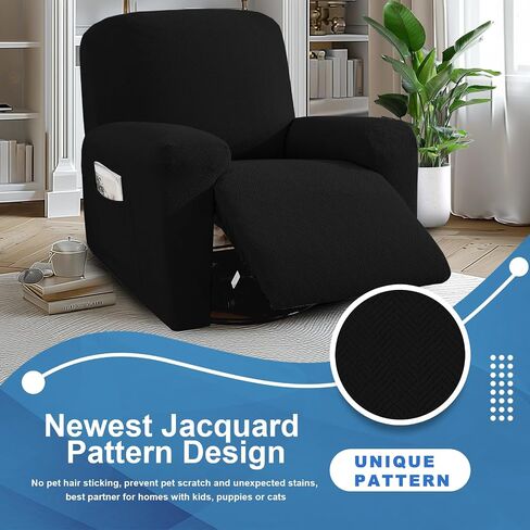 JIVINER 3 Piece Recliner Chair Cover Stretch Lazy Boy Non Slip Covers for Recliner with Pockets Soft Jacquard Reclining Sofa Slipcovers Furniture Protector with Elastic Bottom (1 Seater, Black) in Kuwait