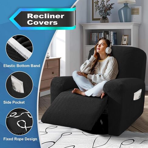 JIVINER 3 Piece Recliner Chair Cover Stretch Lazy Boy Non Slip Covers for Recliner with Pockets Soft Jacquard Reclining Sofa Slipcovers Furniture Protector with Elastic Bottom (1 Seater, Black) in Kuwait