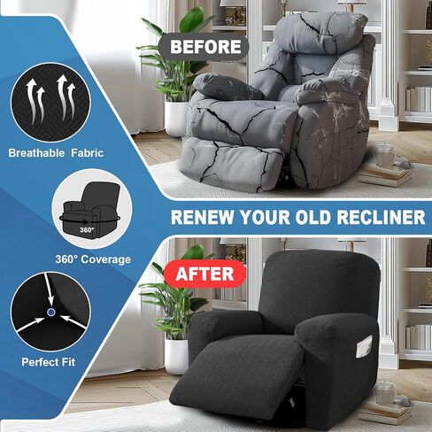 JIVINER 3 Piece Recliner Chair Cover Stretch Lazy Boy Non Slip Covers for Recliner with Pockets Soft Jacquard Reclining Sofa Slipcovers Furniture Protector with Elastic Bottom (1 Seater, Black) in Kuwait