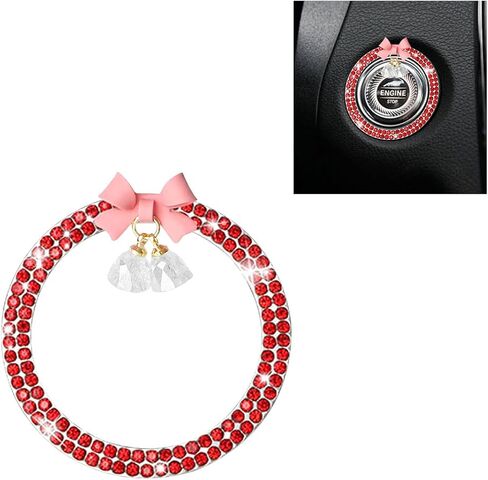 Bling Diamond Car Engine Start Button Button Decoration Ring ، Crystal Rhinestone Push to Start Button Cover Cover Ring with Cute Bow ، Bling Ring Emblem Key Key Starter for Women (Pink) in Saudi Arabia