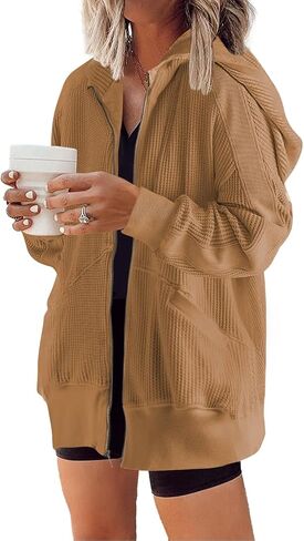 Yanekop Womens Oversized Fall Jackets Zip Up Hoodie Jacket Coat Waffle Knit Shacket Fall Outfits with Pocket in Saudi Arabia