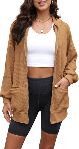 Yanekop Womens Oversized Fall Jackets Zip Up Hoodie Jacket Coat Waffle Knit Shacket Fall Outfits with Pocket in Saudi Arabia