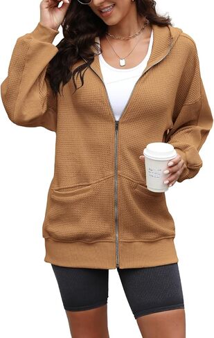 Yanekop Womens Oversized Fall Jackets Zip Up Hoodie Jacket Coat Waffle Knit Shacket Fall Outfits with Pocket in Saudi Arabia