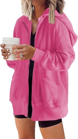 yanekop womens just just jackets zip up Hoodie Jacket Coat Waffle Shacket Shacket Fall with with in Kuwait