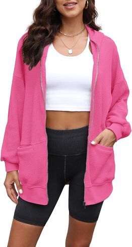 yanekop womens just just jackets zip up Hoodie Jacket Coat Waffle Shacket Shacket Fall with with in Kuwait