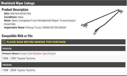 Windshield Wiper Linkage Transmission Assembly - Compatible with 1996-2004 Toyota Tacoma in Saudi Arabia
