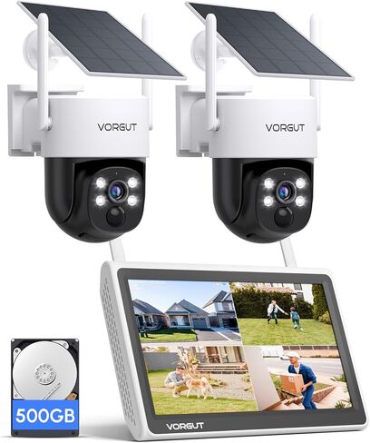 Solar Security Camera System Wireless Outdoor with 10CH 10" LCD Monitor NVR,2.5K 4MP 2PCS Dome PTZ Solar Camera for Home Security,Solar Powered Panel,Motion Record,2-Way Audio (500G HDD) in Saudi Arabia