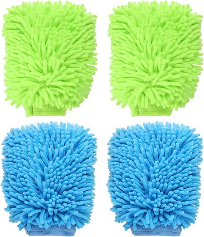 HARFINGTON 4pcs Chenille Microfiber Car Wash Mitts 9" x 5.5" Scratch Free Wash Gloves Absorbent Double Sided Plush Cleaning Drying Mitts for Car Washing Home Clean Blue Lime Green in Saudi Arabia