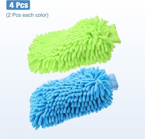 HARFINGTON 4pcs Chenille Microfiber Car Wash Mitts 9" x 5.5" Scratch Free Wash Gloves Absorbent Double Sided Plush Cleaning Drying Mitts for Car Washing Home Clean Blue Lime Green in Saudi Arabia