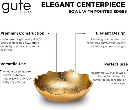 Decorative Gold Moon Decorative Metal Torn Hammered Asymmetrical Centerpiece Bowl with Pointed Edges, 10.2in Catch All, Golden Stainless Steel Metal & Brass, Accent Basket Fruit, Potpourri, Jewelry in Saudi Arabia