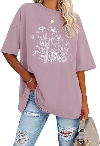 Oversized Tshirts for Women Flower Graphic Tees Short Sleeve Shirts 2025 Summer Casual Loose Fit Beach Tops in Saudi Arabia