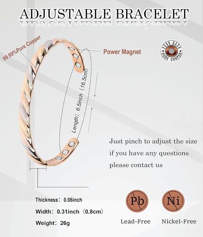 Magnetic Copper Bracelet for Women for Arthritis, Pure Copper Adjustable Bracelets with 3500 Gauss Magnet ((C008SGR)) in Saudi Arabia