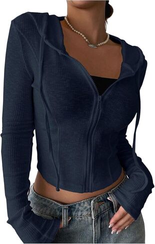 GORGLITTER Women's Cropped Zip Up Hoodie Lightweight Long Sleeve Rib Knit Slim Crop Jacket Fall Trendy 2025 in Saudi Arabia
