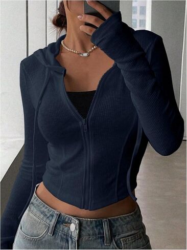 GORGLITTER Women's Cropped Zip Up Hoodie Lightweight Long Sleeve Rib Knit Slim Crop Jacket Fall Trendy 2025 in Saudi Arabia