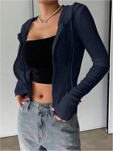 GORGLITTER Women's Cropped Zip Up Hoodie Lightweight Long Sleeve Rib Knit Slim Crop Jacket Fall Trendy 2025 in Saudi Arabia