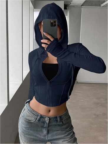 GORGLITTER Women's Cropped Zip Up Hoodie Lightweight Long Sleeve Rib Knit Slim Crop Jacket Fall Trendy 2025 in Saudi Arabia