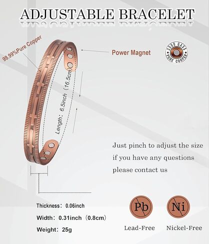 Magnetic Copper Bracelet for Women for Arthritis, Pure Copper Adjustable Bracelets with 3500 Gauss Magnet ((C008SGR)) in Kuwait