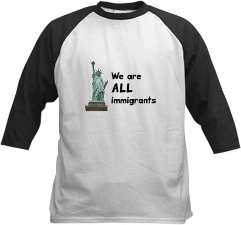 Cafepress نحن جميعا المهاجرين الأطفال البيسبول جيرسي كيدز القطن القميص البيسبول ، 3/4 قميص الأكمام راجلان in Saudi Arabia