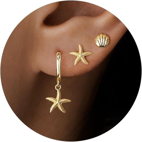 Gelbesty 3 Pairs Gold Dangle Earrings Set for Women Dainty Seashell Starfish Cross Stud Hoop Earrings for Multiple Piercing Cartilage 14K Plated Womens Summer Jewelry Gifts in Kuwait