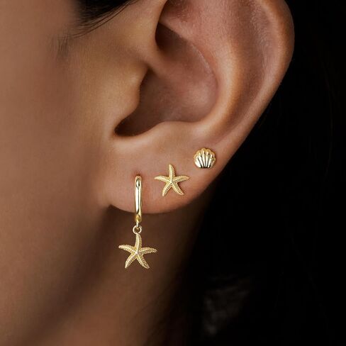 Gelbesty 3 Pairs Gold Dangle Earrings Set for Women Dainty Seashell Starfish Cross Stud Hoop Earrings for Multiple Piercing Cartilage 14K Plated Womens Summer Jewelry Gifts in Kuwait