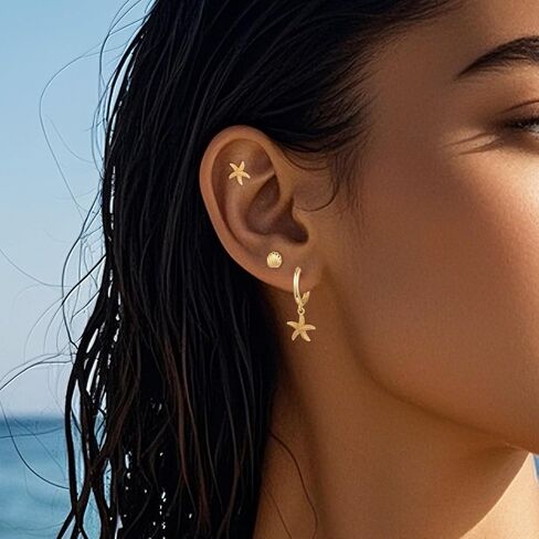Gelbesty 3 Pairs Gold Dangle Earrings Set for Women Dainty Seashell Starfish Cross Stud Hoop Earrings for Multiple Piercing Cartilage 14K Plated Womens Summer Jewelry Gifts in Kuwait