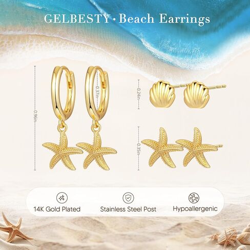 Gelbesty 3 Pairs Gold Dangle Earrings Set for Women Dainty Seashell Starfish Cross Stud Hoop Earrings for Multiple Piercing Cartilage 14K Plated Womens Summer Jewelry Gifts in Kuwait