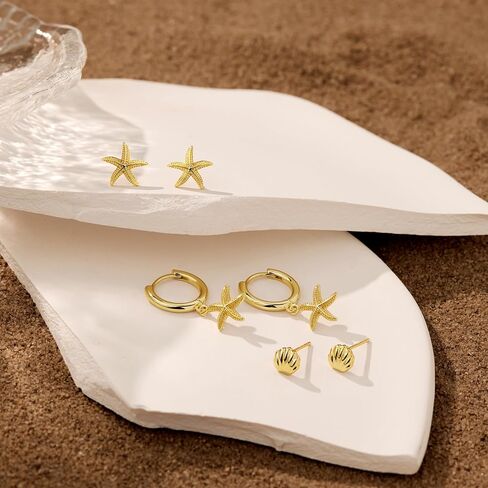Gelbesty 3 Pairs Gold Dangle Earrings Set for Women Dainty Seashell Starfish Cross Stud Hoop Earrings for Multiple Piercing Cartilage 14K Plated Womens Summer Jewelry Gifts in Kuwait