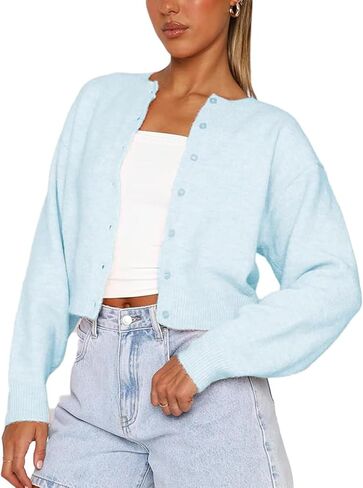 سترة نسائية من RUEWEY Y2k برقبة دائرية وأزرار سفلية وأكمام طويلة سترة محبوكة سترة خفيفة in Kuwait