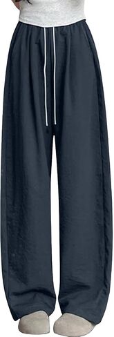 Women's Casual Pants High Waisted Slacks Lounge Baggy Flowy Palazzo Pants Drawstring Elastic Waist Wide Leg Beach Trousers in Saudi Arabia