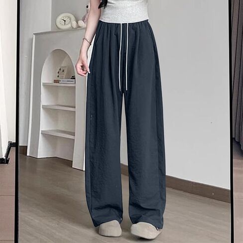 Women's Casual Pants High Waisted Slacks Lounge Baggy Flowy Palazzo Pants Drawstring Elastic Waist Wide Leg Beach Trousers in Saudi Arabia