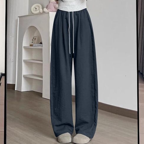 Women's Casual Pants High Waisted Slacks Lounge Baggy Flowy Palazzo Pants Drawstring Elastic Waist Wide Leg Beach Trousers in Saudi Arabia