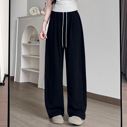 Women's Casual Pants High Waisted Slacks Lounge Baggy Flowy Palazzo Pants Drawstring Elastic Waist Wide Leg Beach Trousers in Saudi Arabia