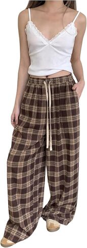 GORGLITTER Women's Plaid Wide Leg Baggy Pants Y2k Gingham High Waisted Drawstring Causal Pants in Kuwait