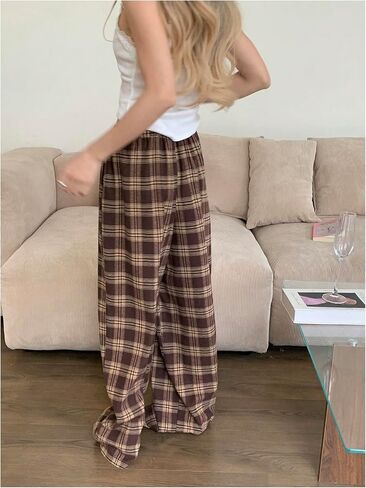 GORGLITTER Women's Plaid Wide Leg Baggy Pants Y2k Gingham High Waisted Drawstring Causal Pants in Kuwait