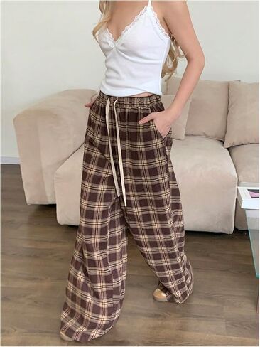 GORGLITTER Women's Plaid Wide Leg Baggy Pants Y2k Gingham High Waisted Drawstring Causal Pants in Kuwait