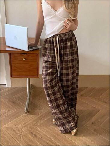 GORGLITTER Women's Plaid Wide Leg Baggy Pants Y2k Gingham High Waisted Drawstring Causal Pants in Kuwait