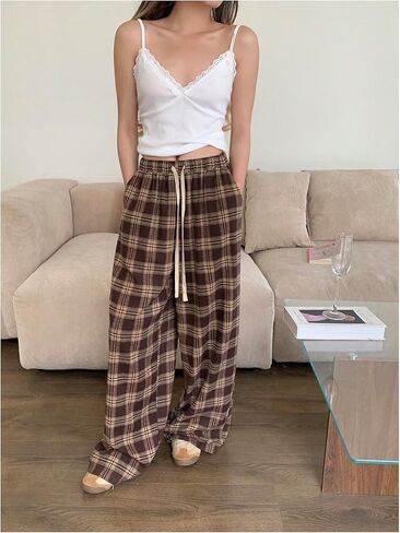 GORGLITTER Women's Plaid Wide Leg Baggy Pants Y2k Gingham High Waisted Drawstring Causal Pants in Kuwait