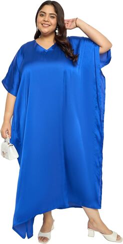 بالإضافة إلى حجم نساء Kaftan اللباس مريح ساتان صلبة ساتان Nighty Maxi فساتين Kimono Sleeve Nightwear Caftan in Kuwait
