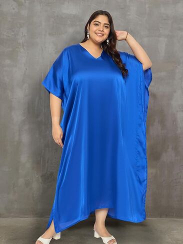 بالإضافة إلى حجم نساء Kaftan اللباس مريح ساتان صلبة ساتان Nighty Maxi فساتين Kimono Sleeve Nightwear Caftan in Kuwait