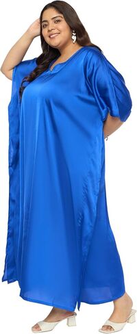 بالإضافة إلى حجم نساء Kaftan اللباس مريح ساتان صلبة ساتان Nighty Maxi فساتين Kimono Sleeve Nightwear Caftan in Kuwait