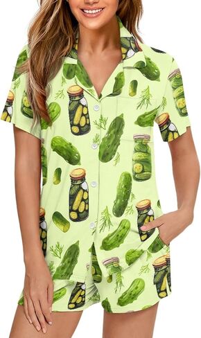 PJS Womens Short Sleeve Button Down Pajamas تعيين ملابس ليلية من قطعتين مع جيوب in Kuwait