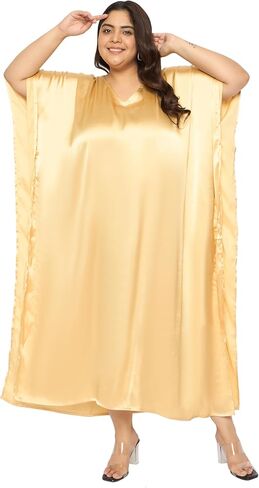 بالإضافة إلى حجم نساء Kaftan اللباس مريح ساتان صلبة ساتان Nighty Maxi فساتين Kimono Sleeve Nightwear Caftan in Kuwait
