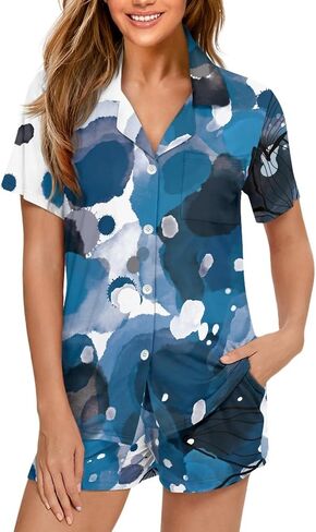 PJS Womens Short Sleeve Button Down Pajamas تعيين ملابس ليلية من قطعتين مع جيوب in Kuwait