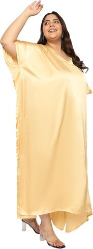 بالإضافة إلى حجم نساء Kaftan اللباس مريح ساتان صلبة ساتان Nighty Maxi فساتين Kimono Sleeve Nightwear Caftan in Kuwait