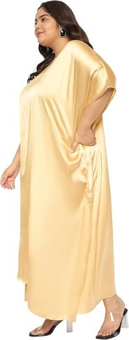 بالإضافة إلى حجم نساء Kaftan اللباس مريح ساتان صلبة ساتان Nighty Maxi فساتين Kimono Sleeve Nightwear Caftan in Kuwait