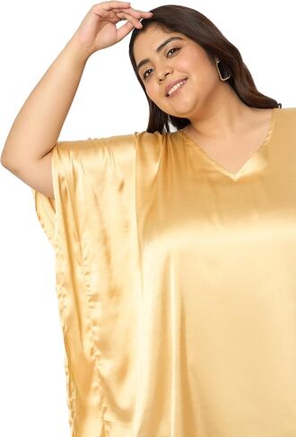 بالإضافة إلى حجم نساء Kaftan اللباس مريح ساتان صلبة ساتان Nighty Maxi فساتين Kimono Sleeve Nightwear Caftan in Kuwait