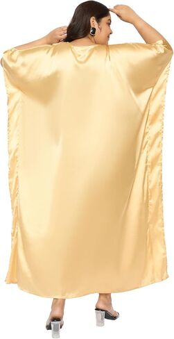 بالإضافة إلى حجم نساء Kaftan اللباس مريح ساتان صلبة ساتان Nighty Maxi فساتين Kimono Sleeve Nightwear Caftan in Kuwait